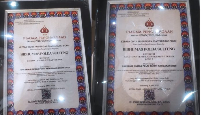 Bidhumas Polda Sulteng Raih Dua Penghargaan Bergengsi di Rakernis Humas Polri 2025